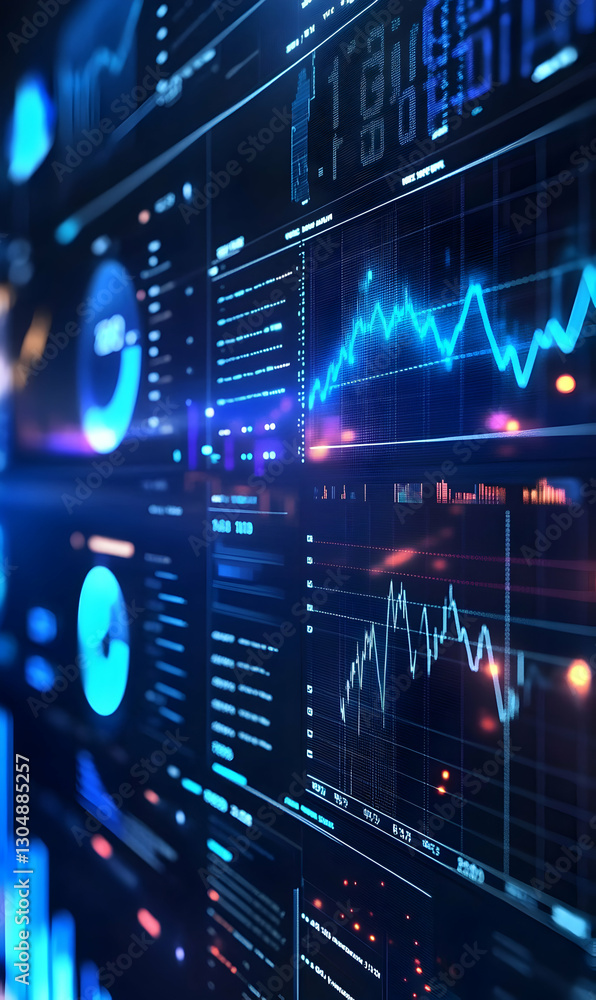 Futuristic data analytics interface with graphical representations and stock market trends Futuristic data analytics interface with graphical representations and stock market trends