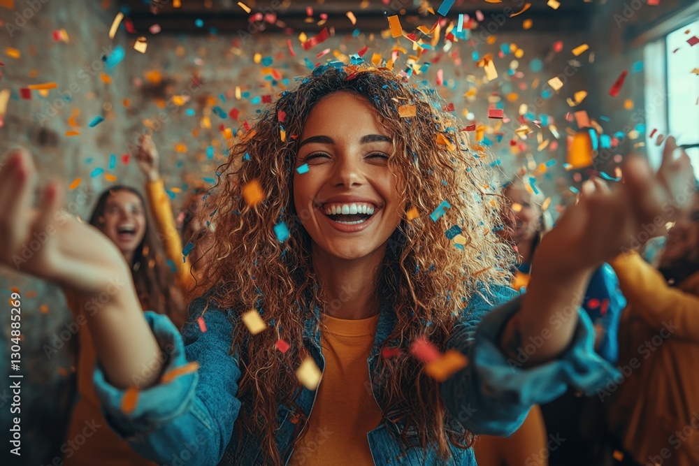 Obraz premium A diverse group of friends are immersed in a moment of vibrant celebration, laughing and smiling under a cascade of colorful confetti. Capturing the essence of joy and togetherness