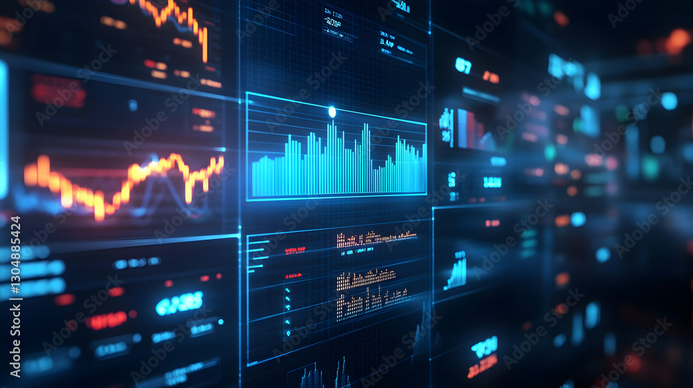 Futuristic stock market analysis interface revealing complex graphs and data flow visualization Futuristic stock market analysis interface revealing complex graphs and data flow visualization