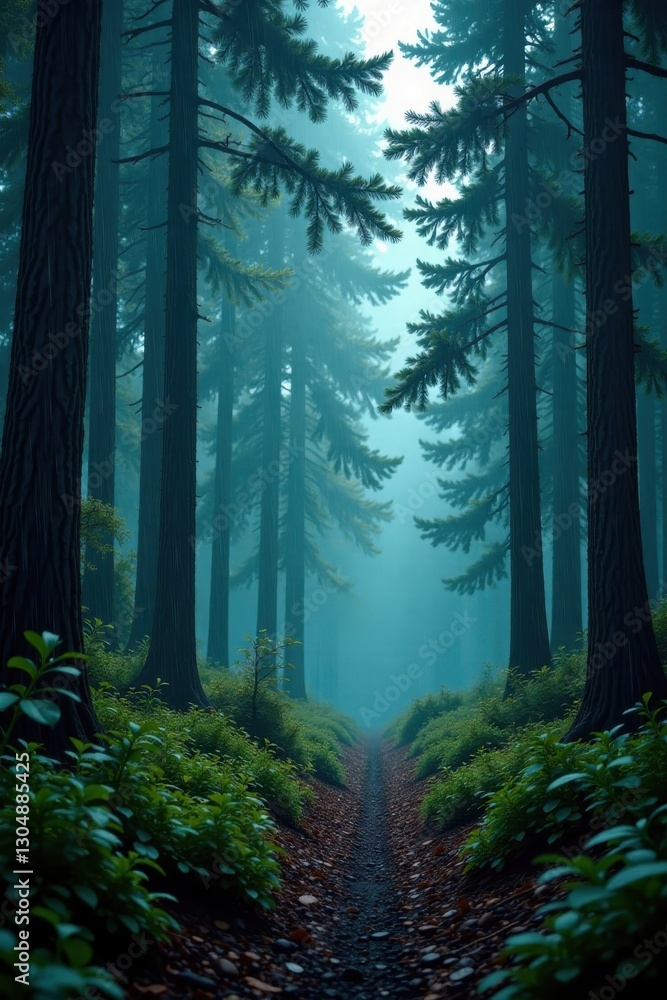 Obraz premium Torrential rain, vibrant pine forest, deep shadows, deep, heavy, visual