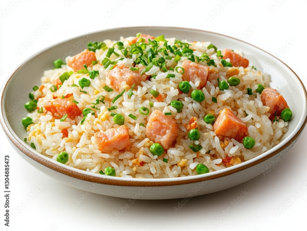 Delicious salmon fried rice with peas and scallions in a ceramic bowl on a white background Delicious salmon fried rice with peas and scallions in a ceramic bowl on a white background