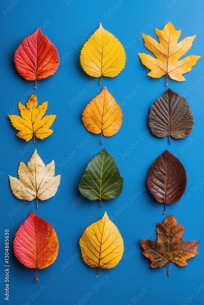 Obraz premium Autumnal Array of Colorful Fallen Leaves on a Vibrant Blue Backdrop Capturing the Essence of Fall Season in a Flat Lay Style