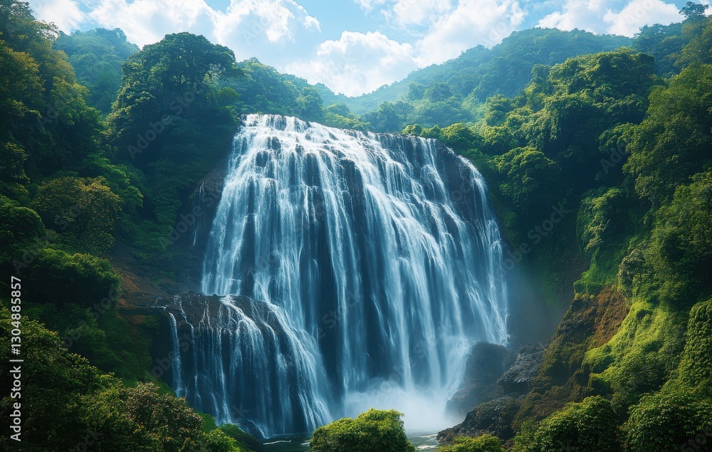 Naklejka premium Majestic Waterfall Cascading Down Lush Green Hills Surrounded by Vibrant Forest Under a Bright Blue Sky with Fluffy White Clouds