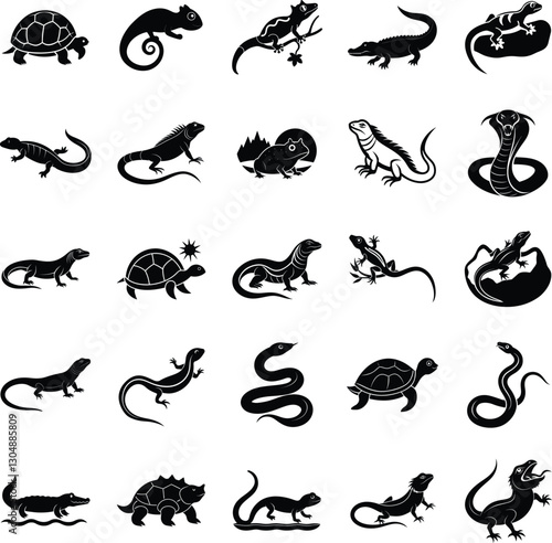 Reptiles and Amphibians Icons, Silhouettes, Fauna, Wildlife, Nature