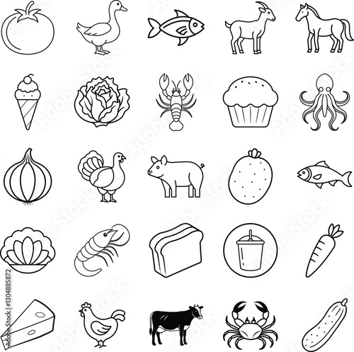 Farm Animals, Seafood, Vegetables, and Baked Goods Icons