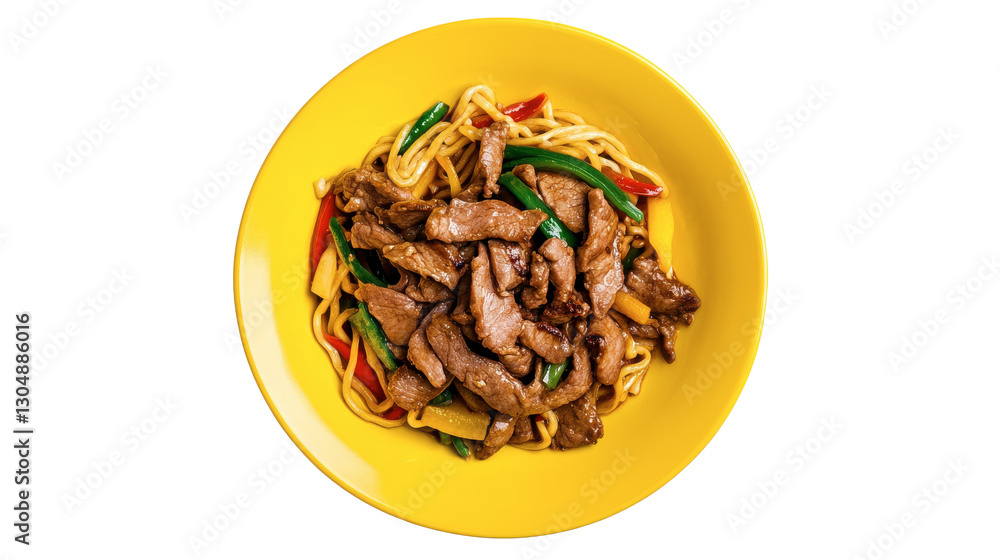 Delicious Beef Stir-Fry Noodles on Yellow Plate Asian Food Photography Delicious Beef Stir-Fry Noodles on Yellow Plate Asian Food Photography