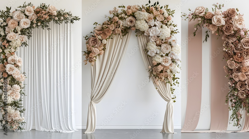 Elegant Floral Arch Designs with Soft Fabrics and Blush Flower Arrangements for Events Elegant Floral Arch Designs with Soft Fabrics and Blush Flower Arrangements for Events