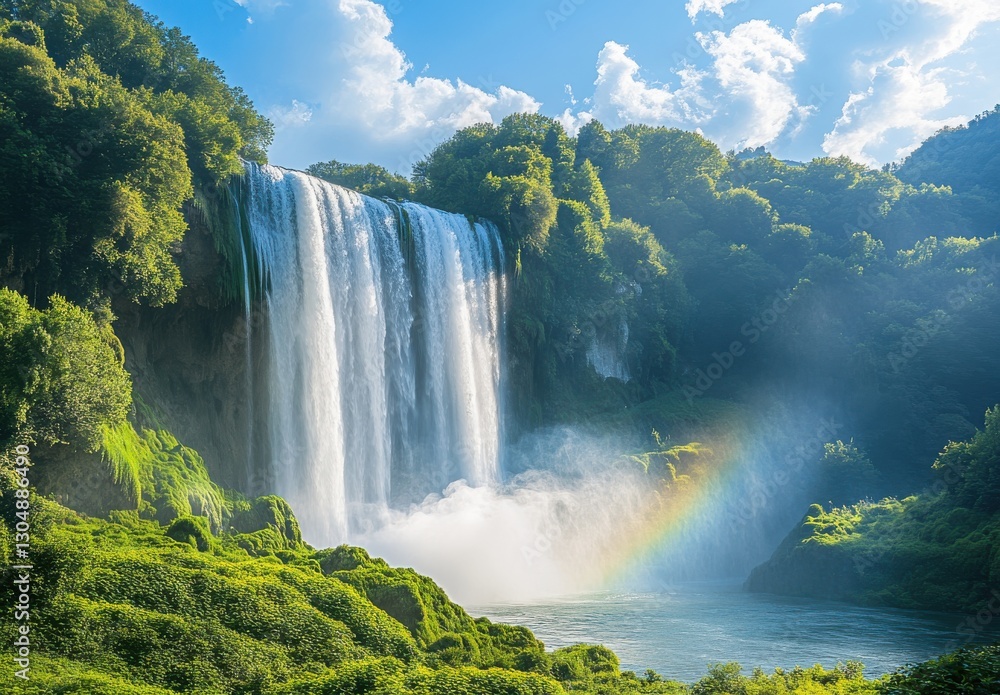 Fototapeta premium Majestic Waterfall Cascading Down Lush Green Hillside Under Clear Blue Sky with Vibrant Rainbow Arching Over Misty Water Surface