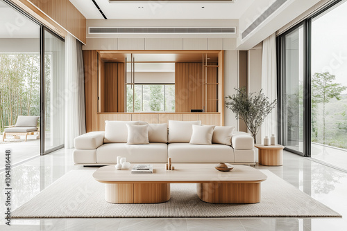Modern Living Space with Large Glass Window, Soft Furnishings, and Natural Ambience