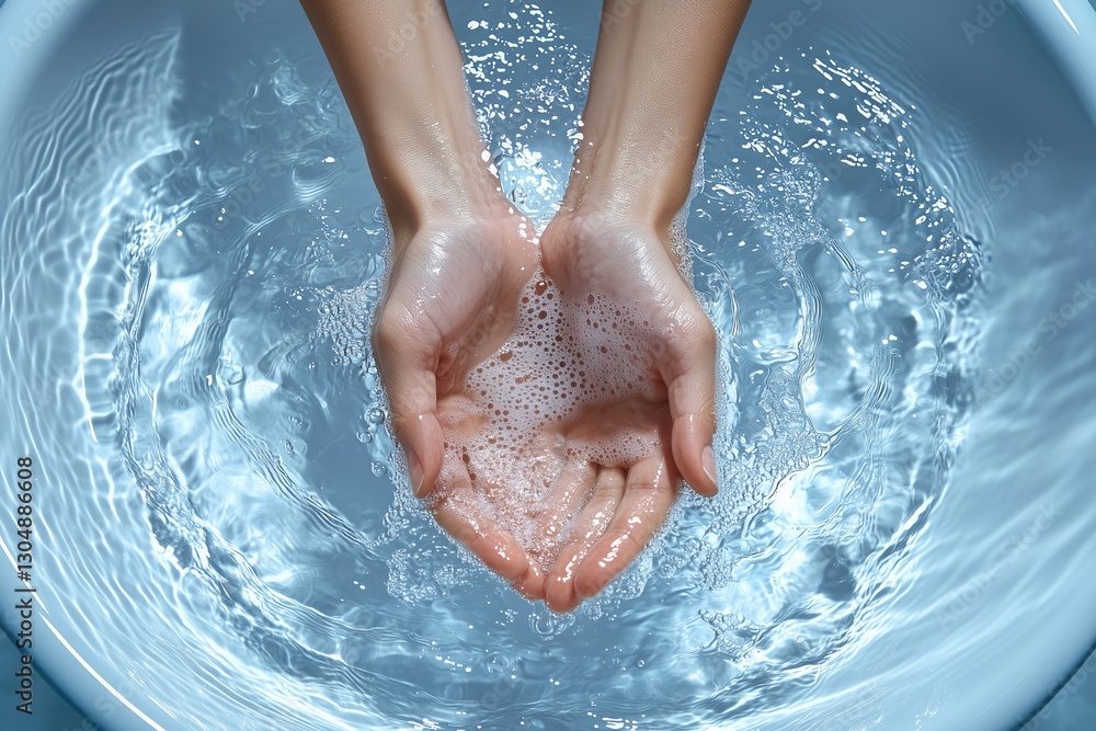 Fototapeta premium Washing hands with clean water splashes and foamy soap bubbles, hygiene and freshness
