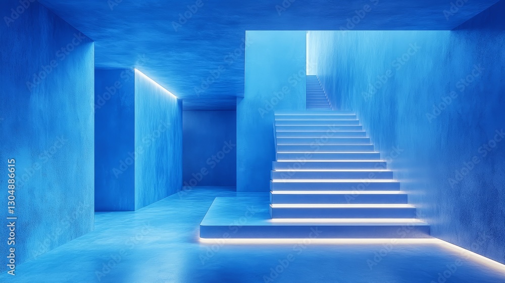 Fototapeta premium A minimalist blue room with soft neon accents illuminating its sharp architectural edges