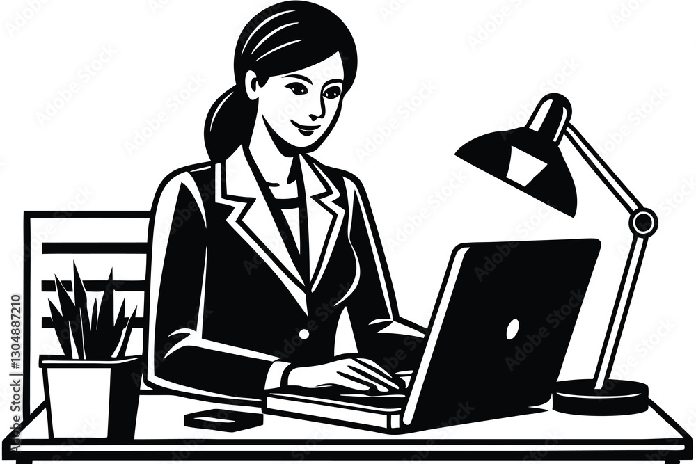 Office girl working on her desk silhouette illustration black and white design Office girl working on her desk silhouette illustration black and white design