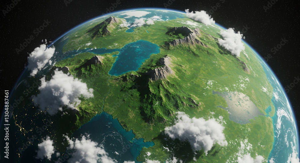 Fototapeta premium Rendering of Exoplanet Landscape with Green Terrain and Mountain Peaks