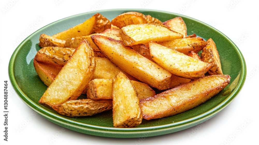 Golden potato wedges on green plate, seasoned and crispy Golden potato wedges on green plate, seasoned and crispy