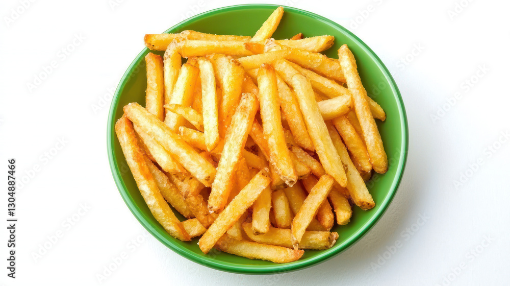 Crispy golden french fries in green bowl on white background Crispy golden french fries in green bowl on white background