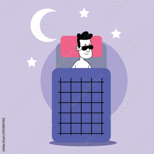 Man comfortably resting in bed while wearing sleep mask. Calming night sky with crescent moon and stars. Relaxation and health concept