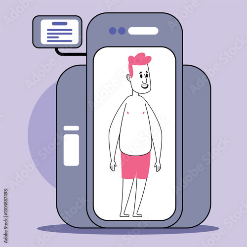 Person standing inside health screening device, showcasing process of checking health metrics. Modern clinic with focus on wellness concept