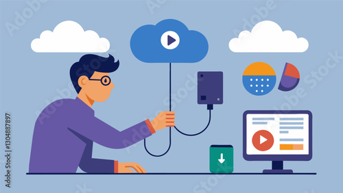 With the click of a mouse the music producer sent data to the cloud for storage allowing for easy access and collaboration from any location with an internet connection.. Vector illustration