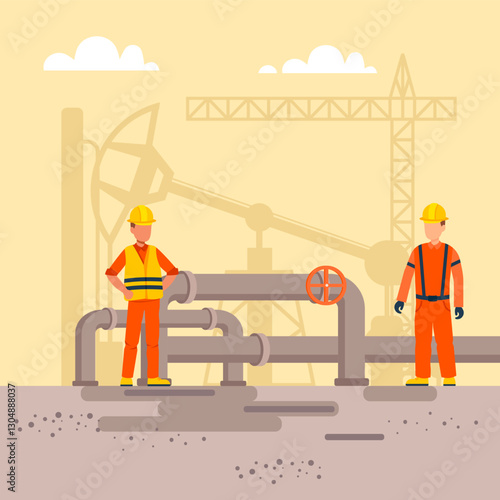 Gas and Oil Industry - vector illustration. Two workers in uniform near the pipelines.