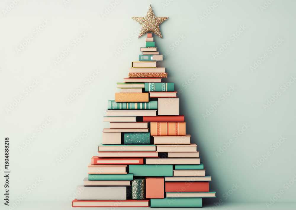 Creative book tree decorated with a star for holiday festivities in a cozy indoor space Creative book tree decorated with a star for holiday festivities in a cozy indoor space