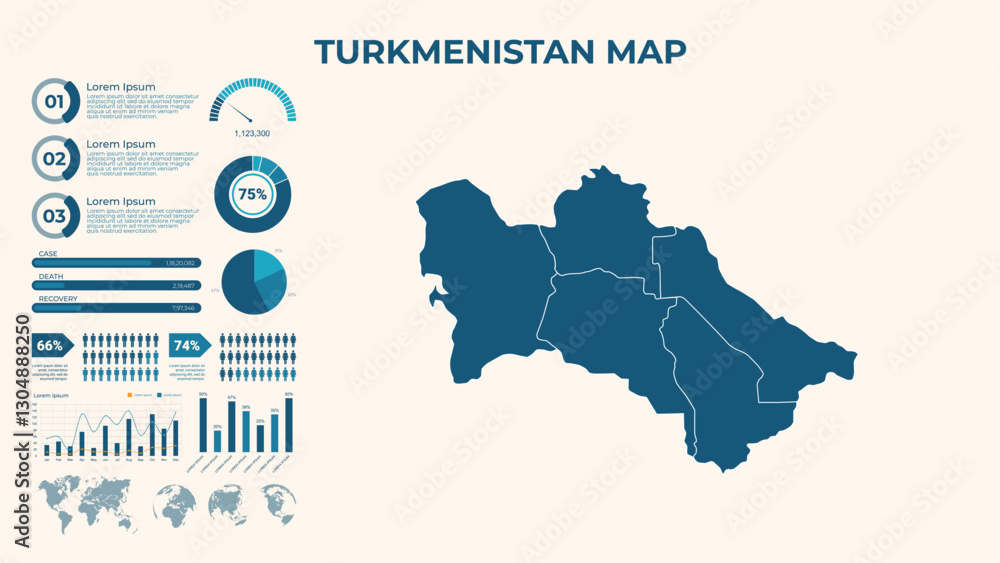 Fototapeta premium Infographic Map of Turkmenistan. Vector Map of a global map in the form of regions of Turkmenistan. Vector Illustration