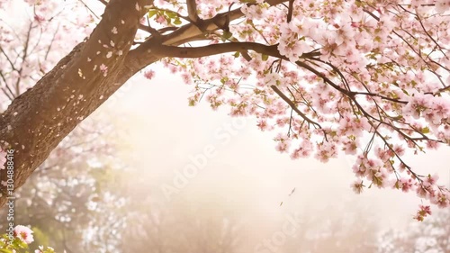 A beautiful cherry tree in full bloom, its tender pink flowers swaying gently in the breeze, set against a soft, dreamy background in a seamless looping 4K animation.