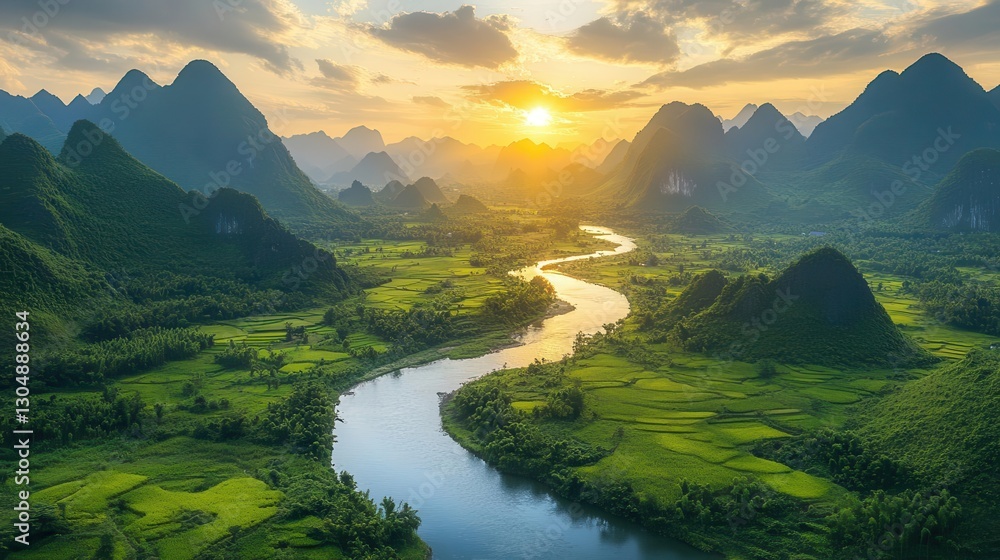 Fototapeta premium Scenic landscape with mountains, valleys, and a flowing river