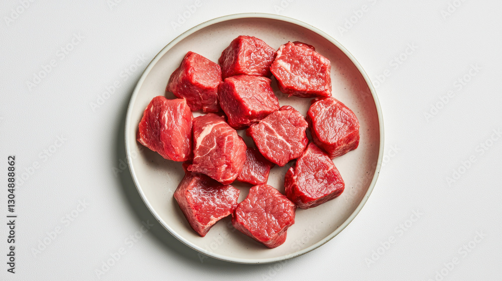 Raw beef cubes on white plate, ready for cooking Raw beef cubes on white plate, ready for cooking