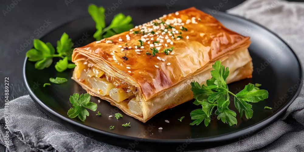 Fototapeta premium Golden puff pastry filled with vegetables on black plate garnished with herbs