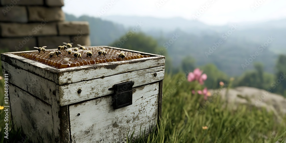 Bees gather on hive box in grass, mountains visible. Honey production concept Bees gather on hive box in grass, mountains visible. Honey production concept