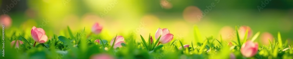 Soft pink petals falling gently on green grass, flowers, delicate Soft pink petals falling gently on green grass, flowers, delicate
