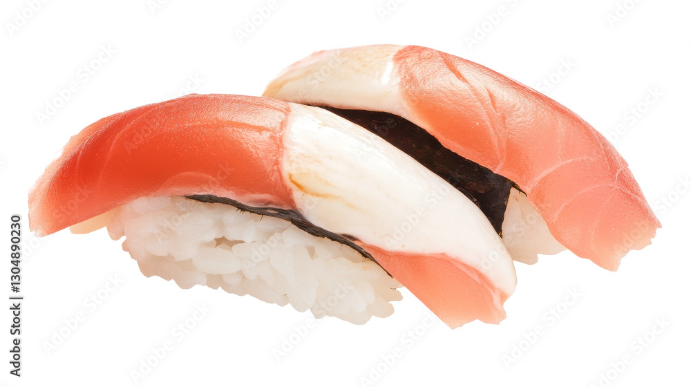 Delicious Two Pieces of Tuna Sushi Nigiri with Rice and Nori Close-up Delicious Two Pieces of Tuna Sushi Nigiri with Rice and Nori Close-up