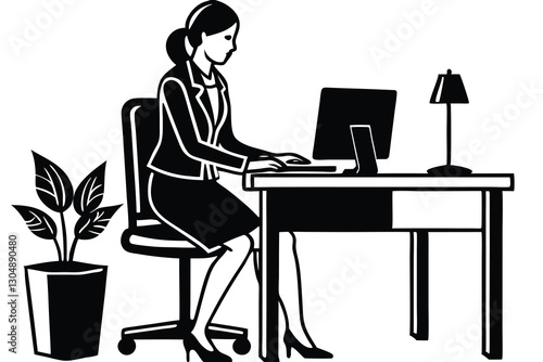 Office girl working on her desk with PC or laptop silhouette