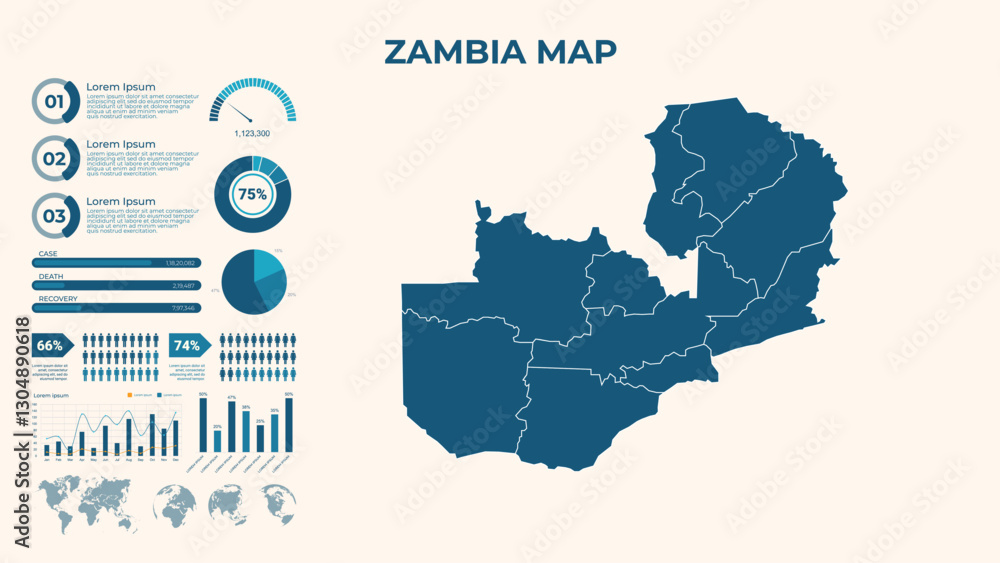 Fototapeta premium Infographic Map of Zambia. Vector Map of a global map in the form of regions of Zambia. Vector Illustration
