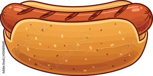 A delicious, detailed hot dog nestled in a golden bun with grill marks in a minimal vector illustration style