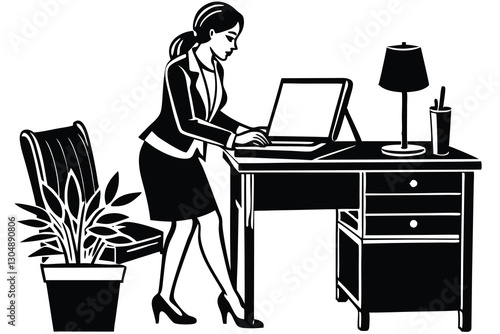 Office girl working on her desk with PC or laptop silhouette