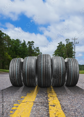 Swap winter tires for summer tires - time for summer tires. Poster with copy space.