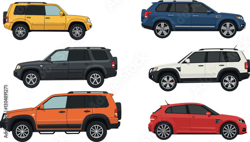 Various colorful SUVs in flat design showcasing different angles and styles, perfect for automotive vector art