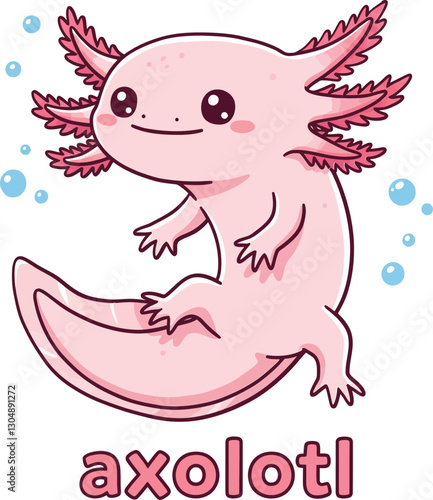 Cute pink axolotl with feathery gills swimming in clear water, featuring a flat design style, vector illustration