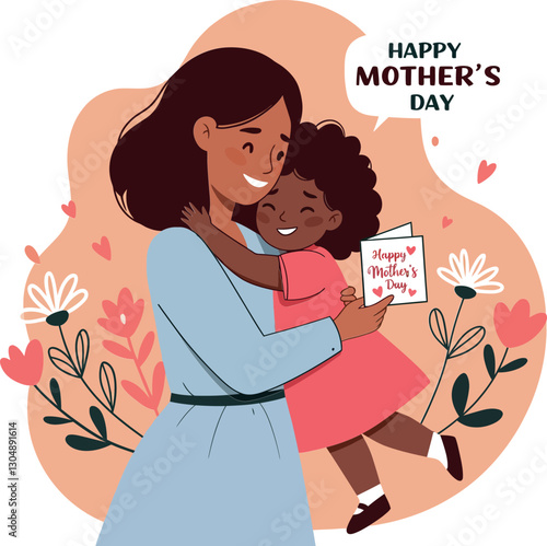 A joyful mother embracing her daughter while holding a Mothers Day card in a colorful, flat vector illustration filled with flowers and hearts