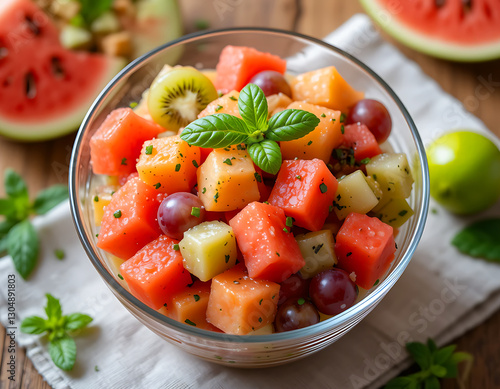 Colorful fruit salad in a clear glass bowl featuring watermelon, kiwi, cantaloupe, grapes, mint, and lime, perfect for healthy, refreshing summer recipes and ideas.  
 photo