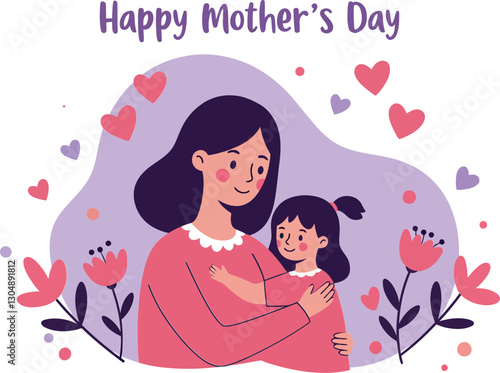 A loving mother embracing her young daughter in a colorful, heart-filled scene with floral accents in flat vector art