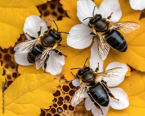 Bees gathering pollen from flowers near honeycomb, ideal for beekeeping promotions photo