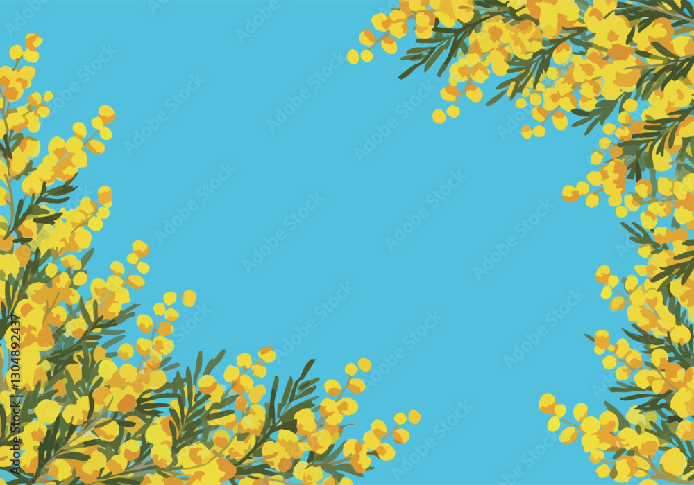 Obraz premium 春の空に咲くミモザのフレーム、ベクター素材 