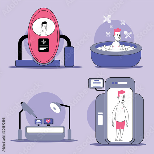 Collection of various health and wellness technologies including cryotherapy chamber, relaxing bath, health scanner, and telemetry workstation