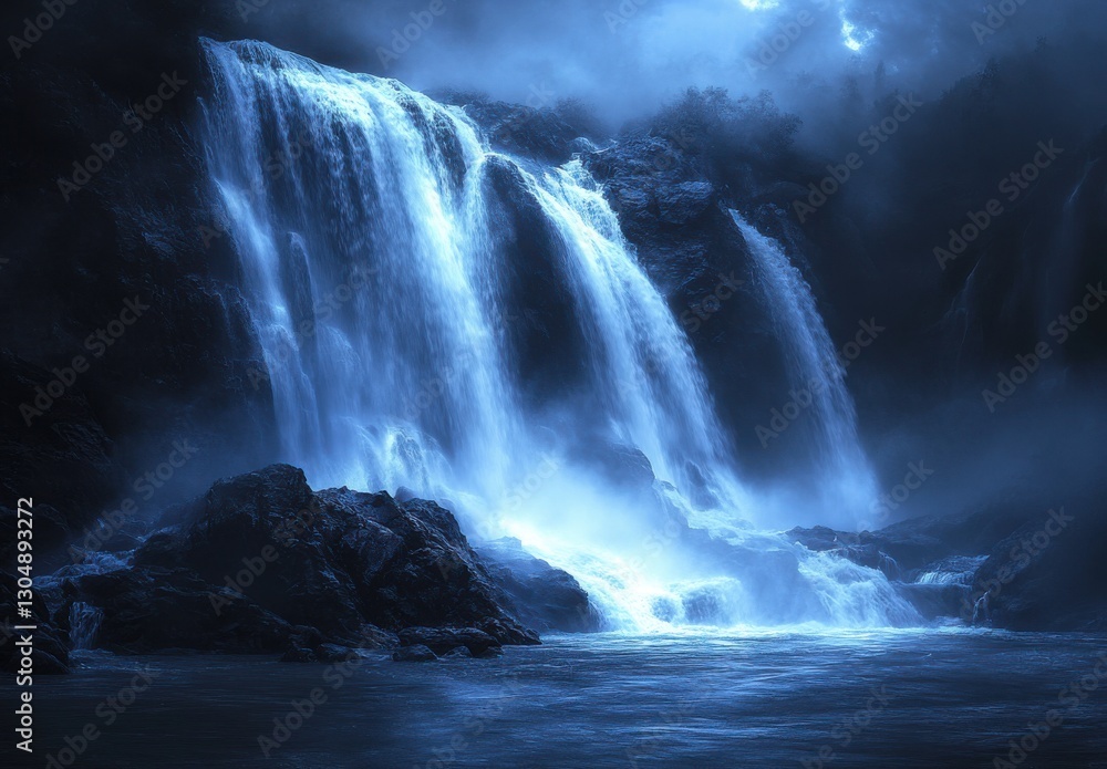 Majestic Waterfall Cascading Down Rocky Cliffs in Mystical Blue Lighting Creating a Serene Atmosphere Surrounded by Mist and Nature's Beauty Majestic Waterfall Cascading Down Rocky Cliffs in Mystical Blue Lighting Creating a Serene Atmosphere Surrounded by Mist and Nature's Beauty