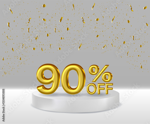 3D renders golden text 90% off podium with white background.