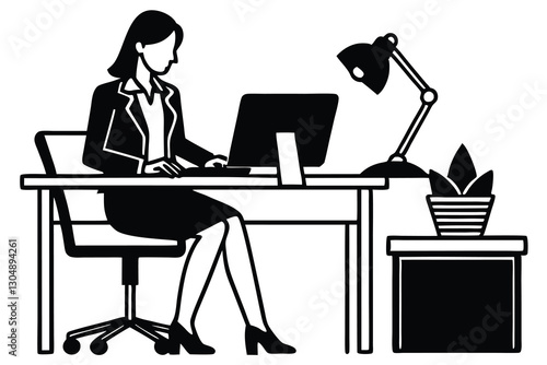 Office girl working on her desk with PC or laptop silhouette illustration black and white design illustration