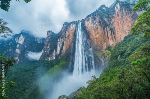 Majestic waterfall cascading down rocky cliffs surrounded by lush green forest and misty clouds under a dramatic sky in a breathtaking natural landscape