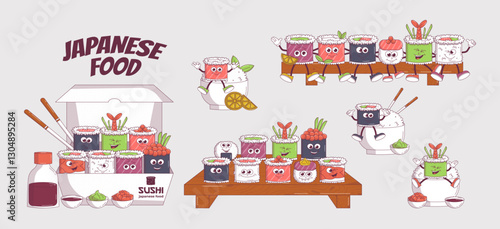 Japanese food Sushi, Rolls, rice and more in groovy style. Retro seafood and street food characters. Vintage vector concept set 60s, 70s style for cafe, bar, restaurant